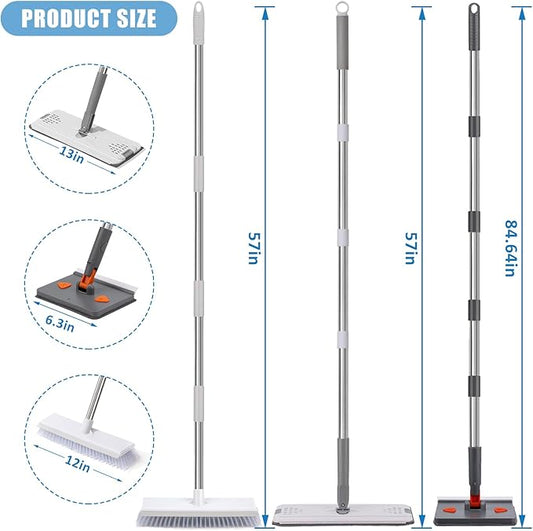 Mops for Floor Cleaning with 57" Long Handle, Scrub Brush, Baseboard Cleaner Tool with 84" Handle, 2 Reusable Pads, Wet and Dust Mopping for Hardwood, Laminate, Tile Floor, Skirting Board, 19Pcs Gray