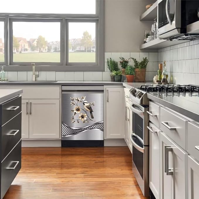 Imitation Stainless Steel Design Bird Pattern Dishwasher Cover Magnetic Sticker Refrigerator Door Panel Cover Fridge Appliance Magnet Decal Sheet 23x26 inch
