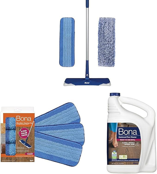 Bona Premium Microfiber Floor Mop & Bona Microfiber Cleaning Pad for Hardwood & Hard Surface Floors - 3 Pack & Bona Hardwood Floor Cleaner Refill - 128 fl oz