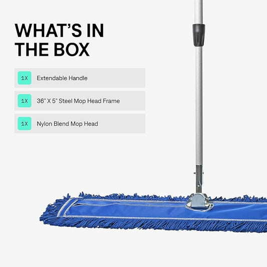 36 Inch Blue Commercial Dust Mop & Floor Sweeper with Extendable Handle – Mop for Hardwood, Tile, and Concrete Floor Cleaning