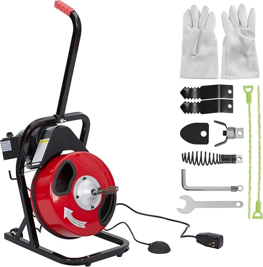 Garvee K-300F 1/2 in 50 ft Red & Black Electric Drain Cleaner Machine - Automatic Auger for 1 to 4 in Pipes, Portable Design, 4 Cutters, Foot Switch Control, and Includes Gloves.