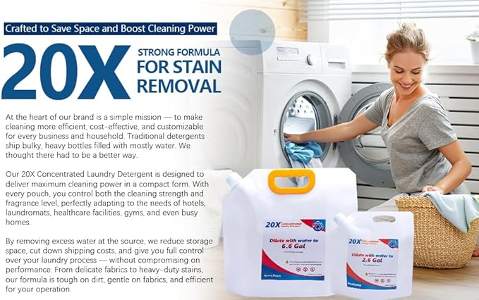 Commercial Bulk Laundry Detergent Refill, 20X Concentrated, Makes 6.6 Gallons (800 Loads) – Heavy-Duty Stain Removal, HE Compatible, Economical