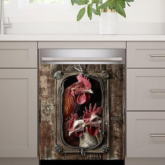 Wood Board and Rooster Wallpaper Dishwasher Magnet Cover,Fridge,Refrigerator Magnetic Panel Decals,Home Appliances Cabinet Magnets Sticker 23W x 17H inchs