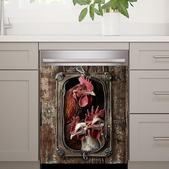 Appliance Art Wood Board and Rooster Wallpaper Dishwasher Cover, Magnetic Panel Decals, Home Appliances Cabinet Magnets Sticker, 23W x 26H inchs