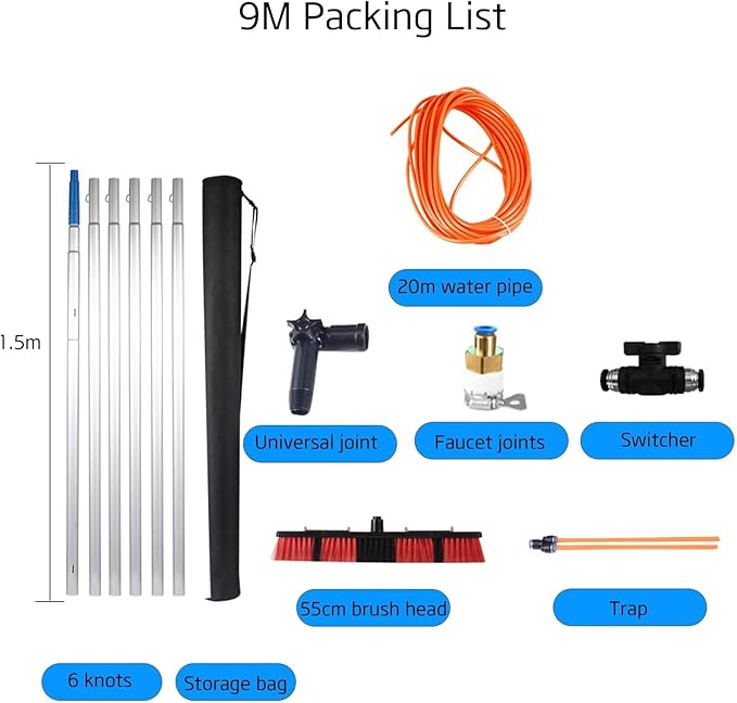 Window Cleaning Pole, Water Fed Telescopic Brush, Water/Hose Fed Pole, Cleaning Photovoltaic and Solar Panels 9poles 55brush Head