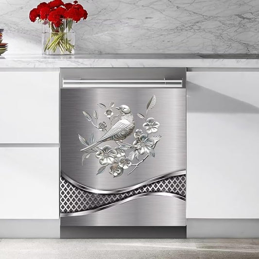 Stainless Steel Design Bird Painting Kitchen Decorative Dishwasher Cover Magnet Sticker,Fridge Panel Door,Refrigerator Decal Home Decor 23x17inch