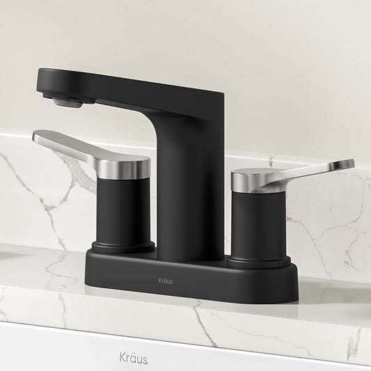 KRAUS Indy Centerset Bathroom Faucet in Spot-Free Brushed Nickel/Matte Black with 2 Handles, Pop Up Drain and Supply Lines, FUS-14102SFBNMB
