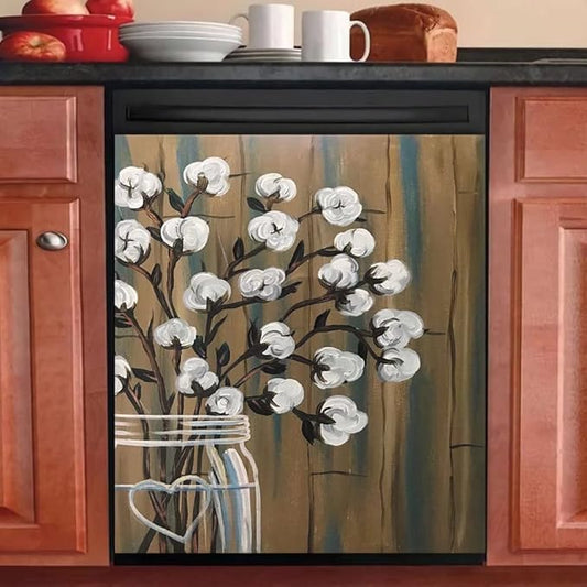 Bless Family Dishwasher Cover Floral Sticker Kitchen Decor,Cotton Bolls Painting Fridge Magnetic,Flower Vase Refrigerator Magnets Decal,Appliance Magnetic Panel 23"x17"