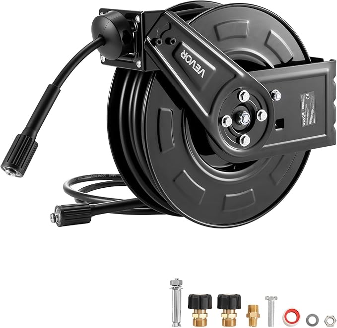 VEVOR Pressure Washer Hose Reel, 60 ft x 1/4 inch Retractable Power Heavy-Duty Steel Washer Hose Reel, 4000PSI Max, Auto-Rewinding, Flexible Wall/Floor Mounted for Car Washing,Garden,Floor Cleaning