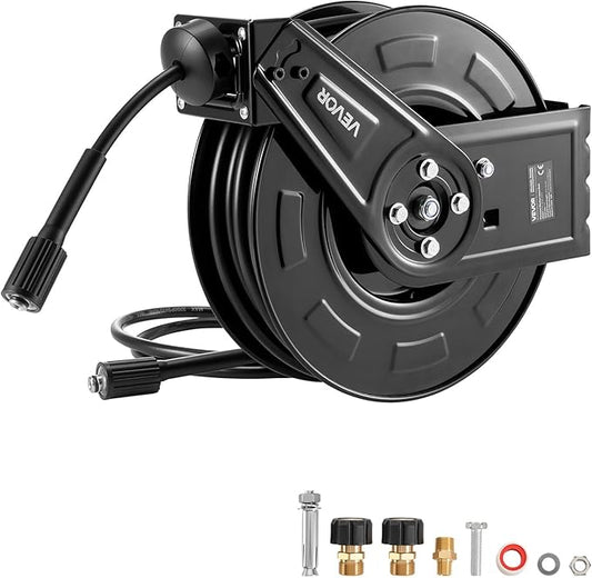 VEVOR Pressure Washer Hose Reel, 60 ft x 1/4 inch Retractable Power Heavy-Duty Steel Washer Hose Reel, 4000PSI Max, Auto-Rewinding, Flexible Wall/Floor Mounted for Car Washing,Garden,Floor Cleaning