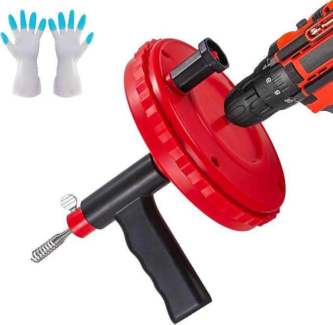Drain Auger, Plumbing Snake Drain Hair Clog Removal Tool Use Manually or Powered for Bathtub Drain, Bathroom Sink, Kitchen Cleaning with Gloves(20ft/6M-Red)
