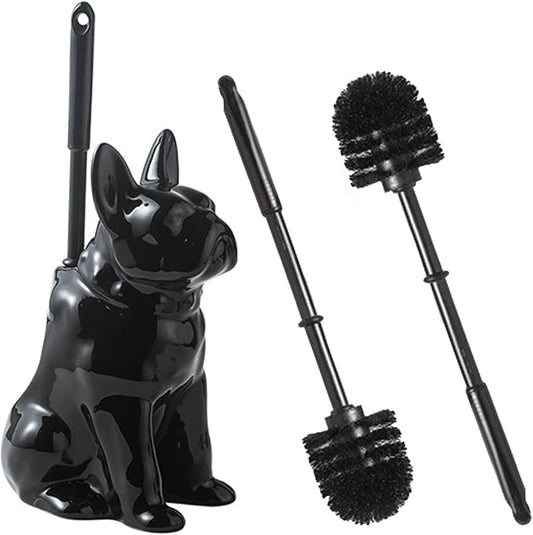 2026 Ceramic Dog Toilet Brush Holder Set, French Bulldog Design with 2PCS Durable Plastic Brush, Modern Bathroom Accessories (Black)