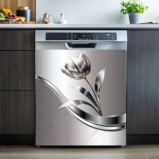 Dishwasher Covers Decorative Magnetic Sticker,Stainless Steel Style Background Flower Pattern Refrigerator Front Panel,Kitchen Decor Fridge Magnet Cover Decor,23 x 26inchs