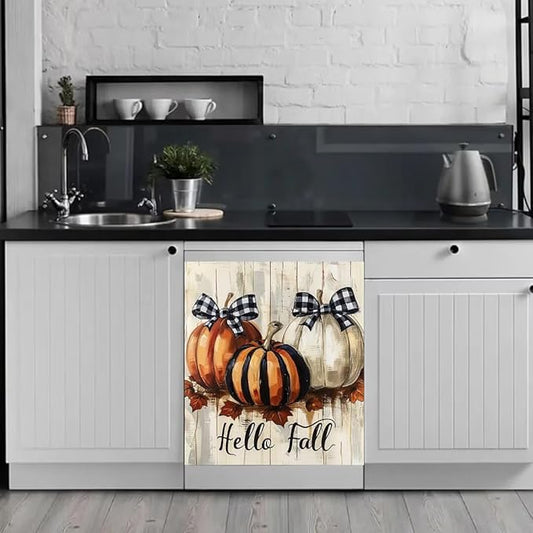 Generic Pumpkin and Maple Leaves on Rustic Wood Boards Dishwasher Face Cover Magnetic,Magnetic Dishwasher Decorative Hello Fall Stickers,Magnetic Dishwasher Sticker,Fridge Door Cover,23Wx26H