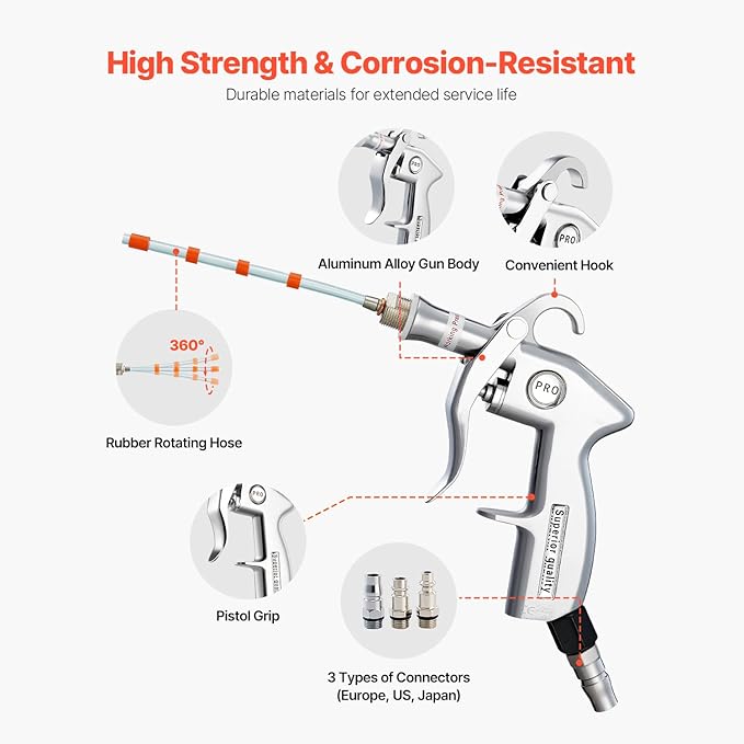 Happybuy Professional 360° Rotating Air Blow Gun - High Pressure Car Cleaning Tool with Dual Nozzles & Adjustable Airflow, Perfect for Vehicle Detailing (1/4" NPT Compatible)