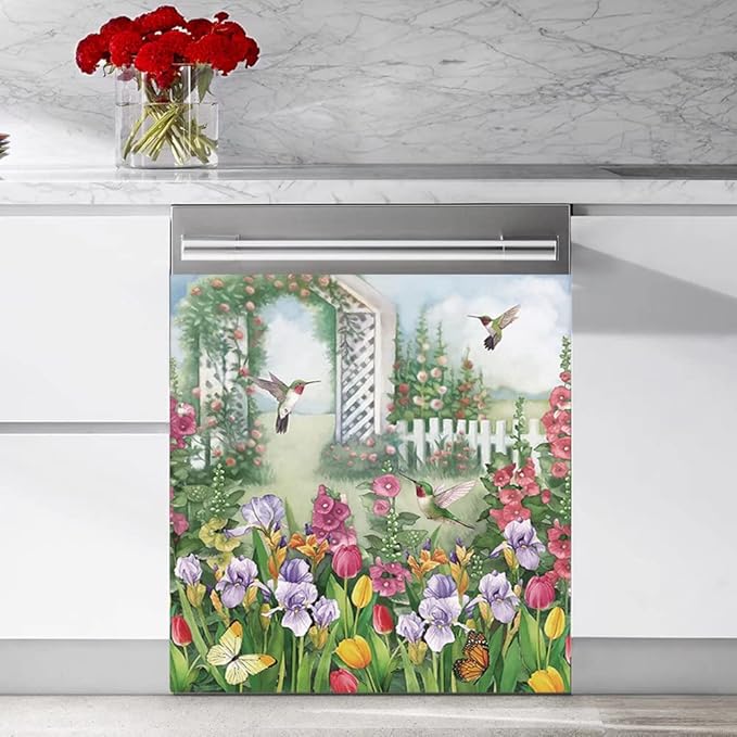Garden Flower Cover Dishwasher Magnet Door Sticker,Spring Floral Refrigerator Magnetic Bird Fridge Decal Kitchen Decorative Vinyl Panel Home Appliance Magnets 23"x26"