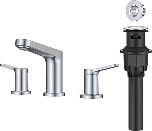 KRAUS Indy Widespread Bathroom Faucet in Chrome with 2 Handles, Pop Up Drain and Supply Lines, FUS-14103CH