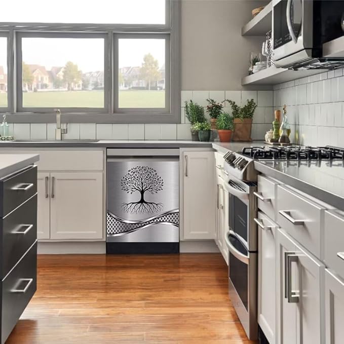 Stainless Steel Design Tree Wallpaper Magnet Dishwasher Cover Sticker,Kitchen Decor Refrigerator Magnets Decorative Fridge Magnetic Decal Vinyl Panel 23Wx17H inch
