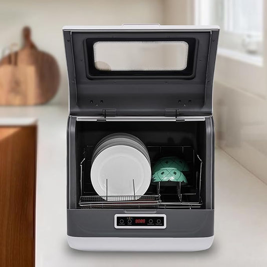 800W Portable Countertop Dishwasher, No Installation Needed, Mini Dish Washing Machine with 8L Water Tank, Compact White Dishwasher for 4-6 Sets Tableware,IPX1,0.02-1.00Mpa