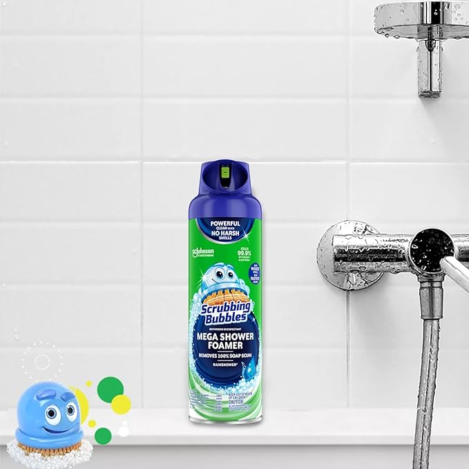 Scrubbing Multi Surface Mega Shower Foamer Aerosol Spray 20oz (Pack of 2) for Soap Scum & Grime Rainshower Scent Kills 99.9% of Viruses and Bacteria bundled with Microfiber Cleaning Cloth