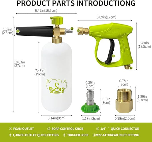 ESP Car Wash Foam Gun High Pressure Car Washer Household Water Gun Foam Generator Washing Blaster 5 Nozzle Tip M22 Adapter with 1 Liter Bottle Washing Mitts Towel