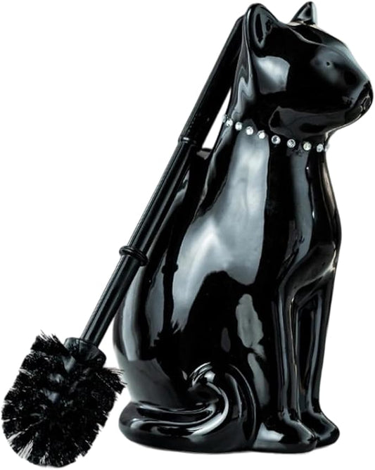 Comeon Ceramic Cat White/Black Toilet Brush and Holder Set, Plastic Handled Scrub Brush for Bathroom Cleaning,10.63"*6.3" (Black)