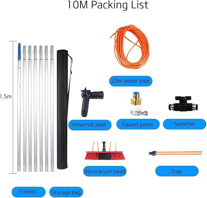 Photovoltaic Panel Window Cleaning Telescopic Pole, Water Fed Extendable Brush, Suitable for Cleaner Conservatory Roof Photovoltaic Panel Cleaning, 10poles 35brush Head