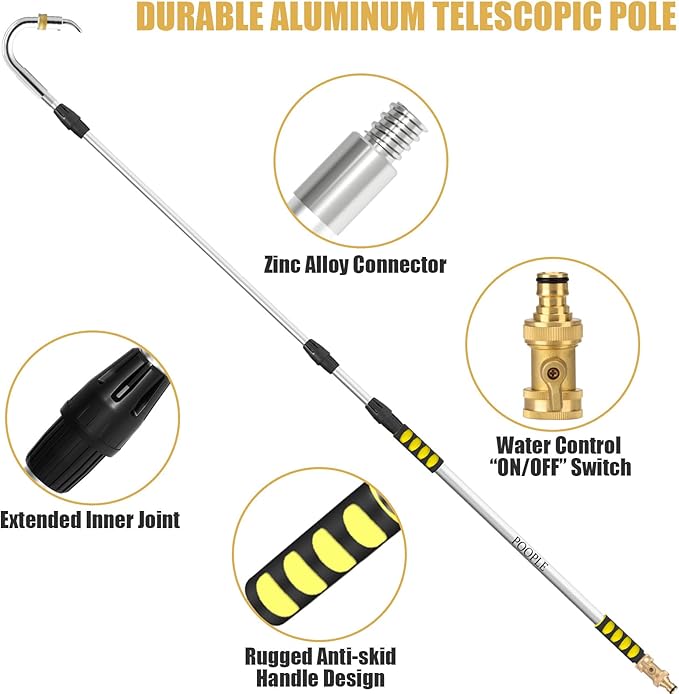 Gutter Cleaning Tools from Ground, 16FT Telescoping Pole (24FT Reach) - Heavy-Duty Zinc Alloy Head, 360° Spray Nozzle & Leak-Proof Kit/11