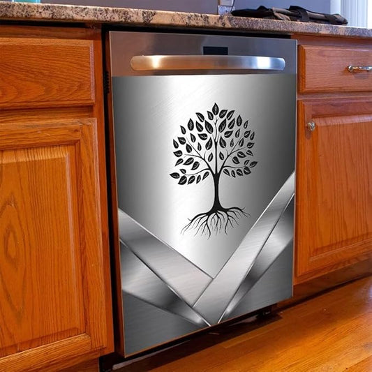 Dishwasher Magnetic Sticker Kitchen Decorative,Stainless Steel Design Tree Pattern Fridge Door Panels,Refrigerator Magnetic Cover,Front Panel Replacement Panel Cover 23W x 26H inchs