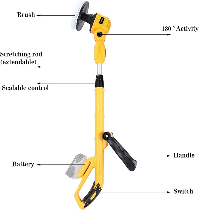 Cordless Power Scrubber Compatible with Dewalt 20V MAX Battery (Tool Only), Brushless Floor Cleaner with Extension Handle, 4 Brush Heads for Floor, Bathroom, Kitchen, Car Cleaning(No Battery)