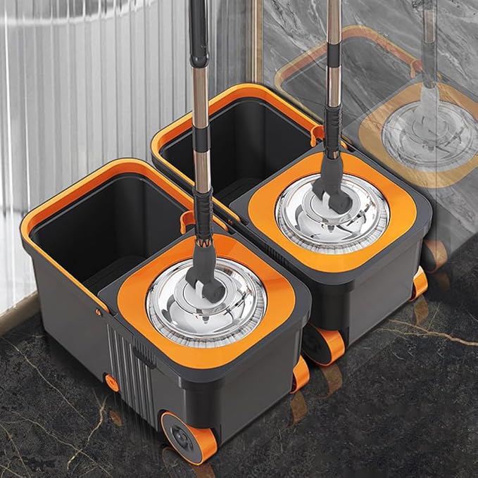 Household Cleaning Automatic with 6 Replacement Head Refills Extended Handle Hand-Free Automatic Dehydration Mop Cleaning with Bucket for Household Floor Cleaning (Grey Orange)