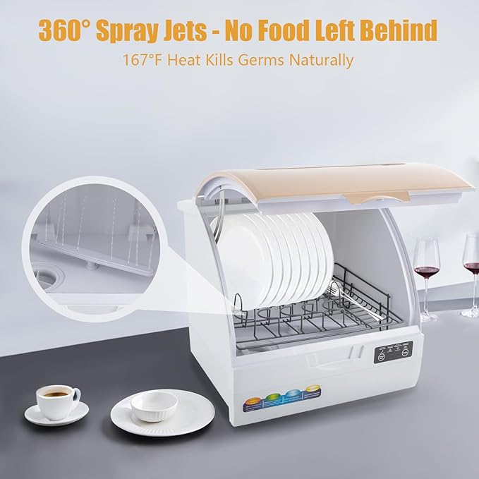 Small Countertop Dishwasher, 4 Washing Programs Neutral Freestanding Dishwasher with 3L Built-in Water Tank, 900W 360° Spraying Water Compact Dishwasher for Homes (900W White Gold)