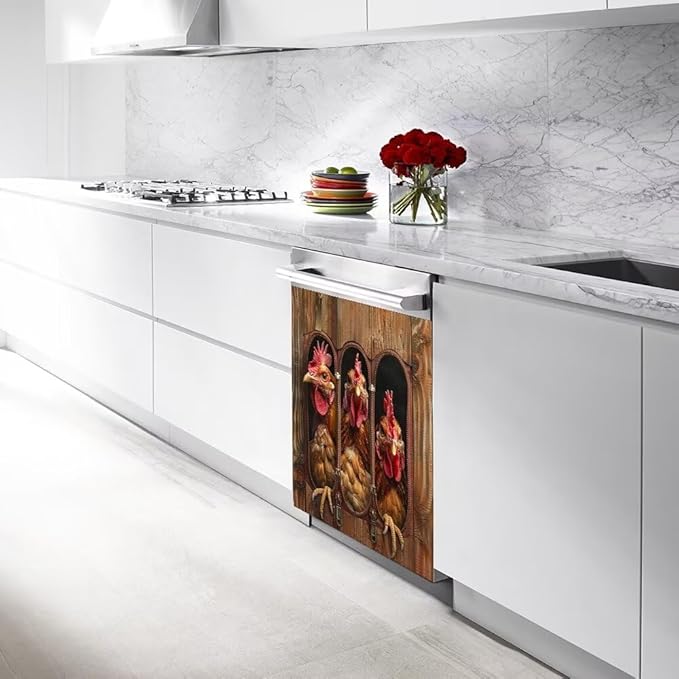 Wood Board and Rooster Painting Dishwasher Magnet Cover Sticker Magnetic Refrigerator Panel Sticker Decorative Front Door Decal 23W x 17H inchs