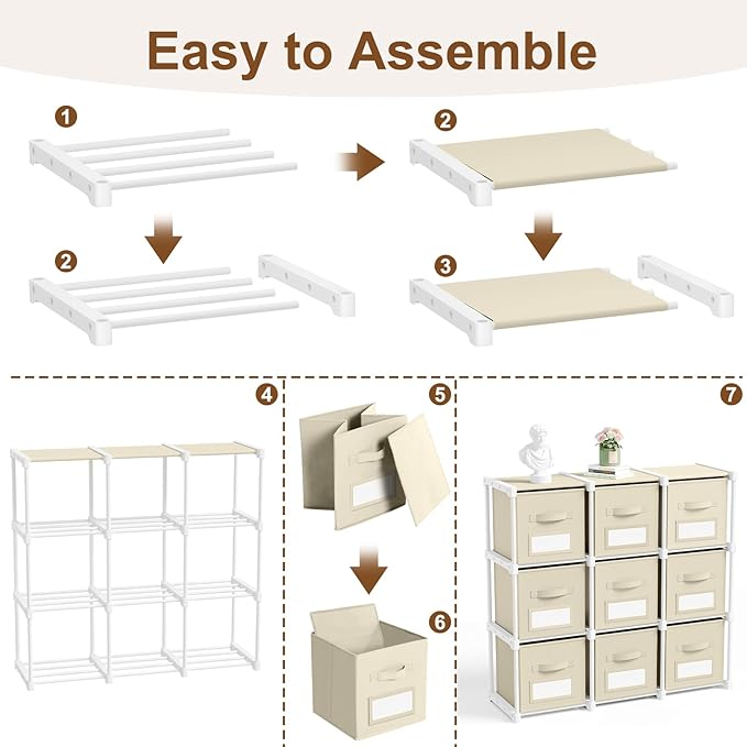 Geelin 9 Sets Cube Storage Organizer Bins with Shelf & Labels 11 Inch, Fabric Collapsible Cubby Toys Clothes Storage Drawer Unit for Daycare Nursery Playroom Bedroom Dorm Organizer (Khaki)