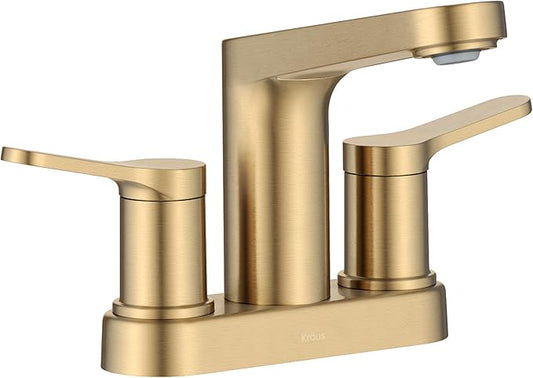 KRAUS Indy Centerset Bathroom Faucet in Spot-Free Brushed Brass with 2 Handles, Pop Up Drain and Supply Lines, FUS-14102SFBB
