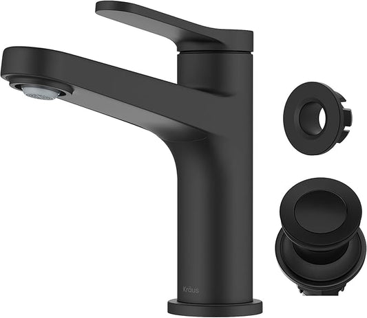 KRAUS Indy Bathroom Faucet in Matte Black with Single Handle, Pop Up Drain and Supply Lines, KBF-1411MB