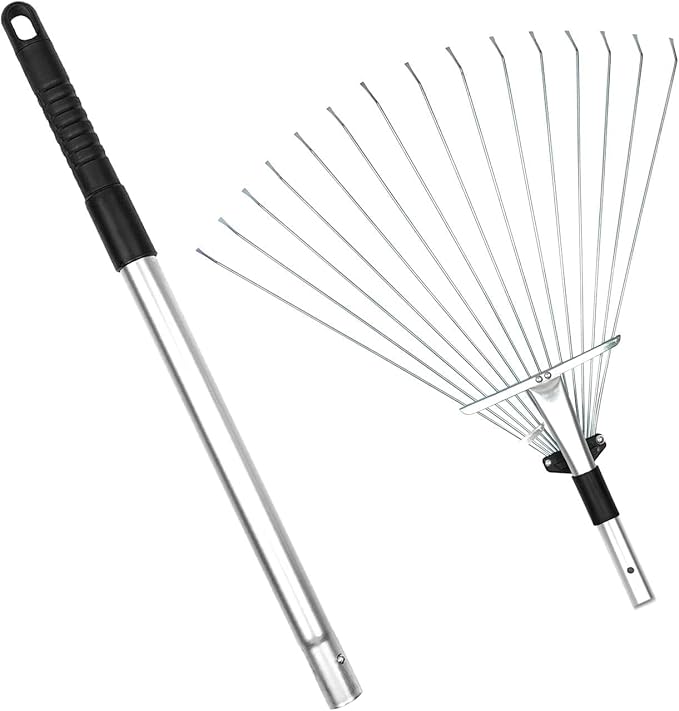 Buyplus Adjustable Garden Leaf Rake - 24 to 63 Inch Telescopic Metal Expandable Folding Leaves Rake, Metal Rake for Leaves, Yard Rakes for Lawn Yard, Flowers Beds, Black