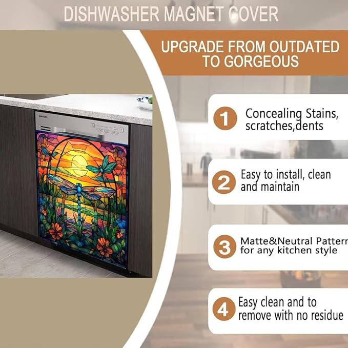Dragonfly Dishwasher Magnet Cover for Home Appliance, Colorful Glass Art Vinyl Decal for Dish Washer Magnetic Sticker, Spring Flowers Refrigerator Panel Door Cover (23" x 26" Magnetic)