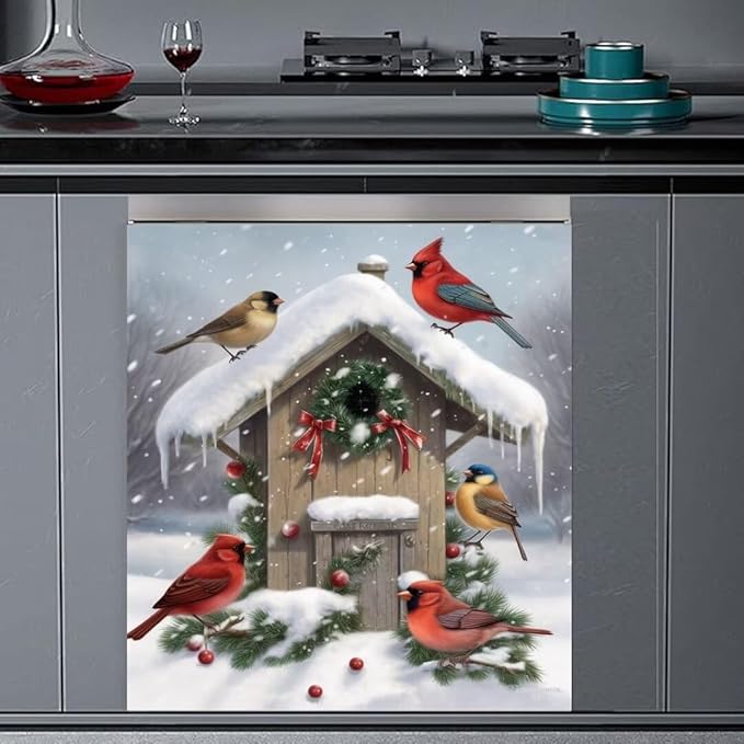 Winter Birds Magnet Dishwasher Cover Skin Panel Decal Christmas Decorated Birdhouse Fridge Magnets Door Cover Winter Snow Scene Vinyl Magnetic Sticker for Dishwasher, 23 inx26 in Magnet