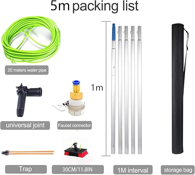 5 Meter / 16.5 Feet Extending Telescopic Water Fed Home Windows Car Vans Brushs Wash Brush Cleaner（30cm Brush 5m Pole）