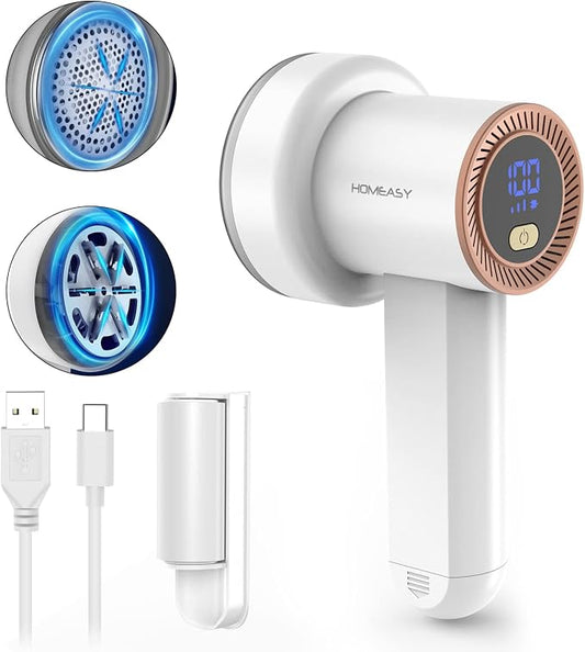 HOMEASY Fabric Shaver, Rechargeable Lint Remover for Clothes White | Electric sweater shaver and depiller with 70mm head, 6-leaf blades, LED battery display and Type-C charging for Furniture by HOMEASY