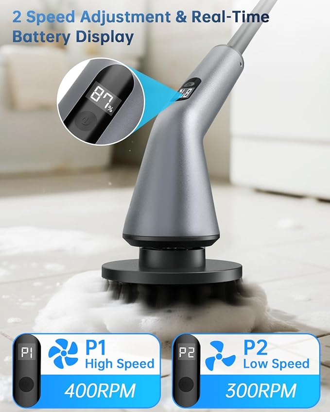 Electric Spin Scrubber, IPX7 Waterproof Dual Speed Cordless Cleaning Brush with 7 Replacement Heads, Extendable Long Handle Shower Scrubber for Bathroom Shower Bathtub Glass Tub Tile Floor Car