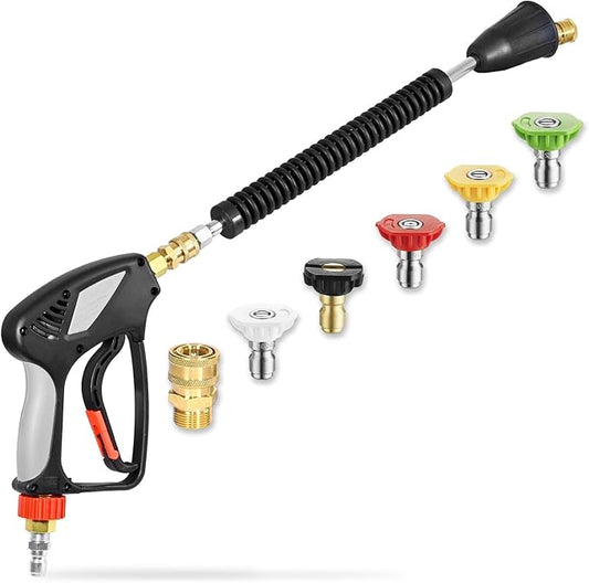 TOOLCY Pressure Washer Gun with Extension Wand, High Power Washer Gun with 3/8" Swivel Plug & M22-14mm Male Fitting, 1/4" Quick Connect Curved Wand for Car Wash, Compatible with Foam Cannon, 5000 PSI