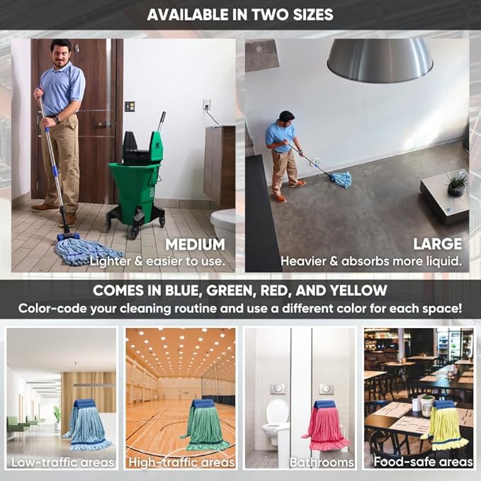 Bulk Commercial Mop Head Replacement (24 Count) - Medium Microfiber Tube Mop (14 oz.) | Industrial Wet Mops | Refill, Machine Washable, Heavy Duty | Hardwood, Tile, Laminate, Vinyl Floors (Blue)