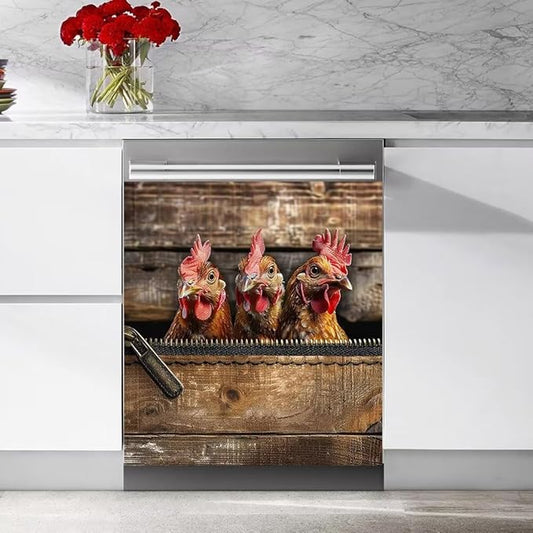 Wood Board and Rooster Pattern Dishwasher Magnet Cover Sticker Magnetic Refrigerator Panel Sticker Decorative Front Door Decal 23W x 17H inchs