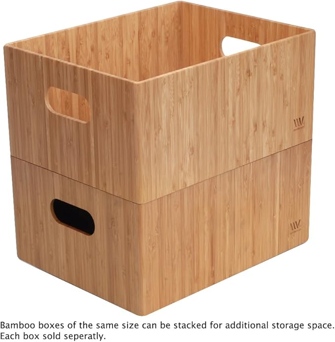 MobileVision Bamboo Bathroom Bin Organizer for Toiletries, Make Up & Cosmetics, Brushes, Styling Tools & Products, Cleaning Supplies, Toilet Paper 14” x 11” x 6.5” With White Clip Included