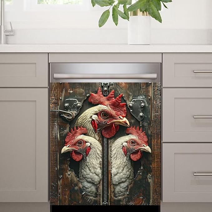 Wood Board and Rooster Painting Dishwasher Magnet Cover,Fridge,Refrigerator Magnetic Panel Decals,Home Appliances Cabinet Magnets Sticker 23W x 17H inchs