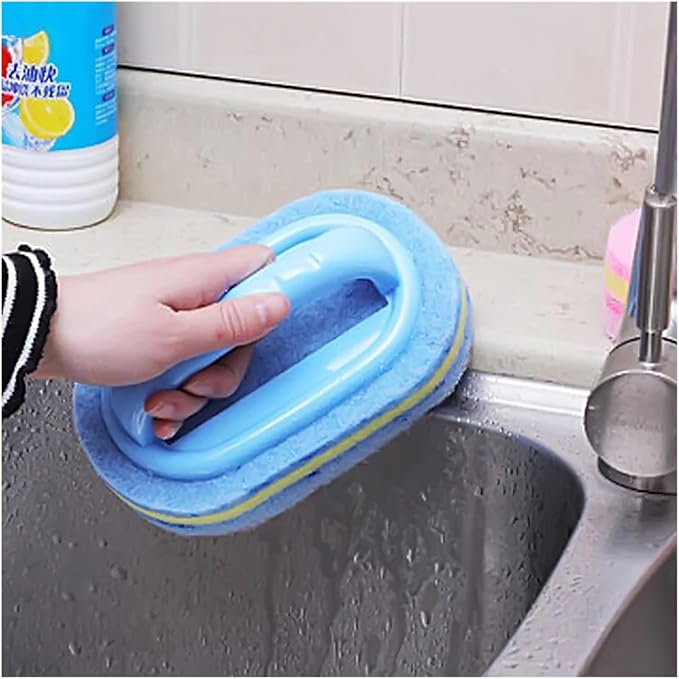 Kitchen Cleaning Bathroom Glass Wall Cleaning Bath Brush Handle Sponge Bath BottomBathtub Ceramic Cleaning Tools, Blue
