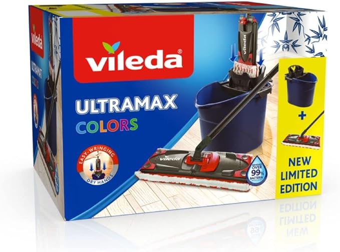 Vileda ULTRAMAX 2-in-1 Floor Mop Complete Set, Mop with Handle, Microfibre Cover and Bucket with Power Press, Limited Special Edition, Dark Blue