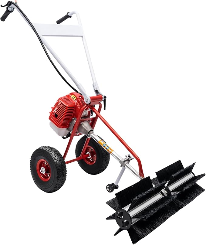 Power Broom Sweeper Cordless, 43CC 1.7HP 2-Stroke Gas Powered Broom Walk-Behind Outdoor Hand Push Sweeper Driveway Walkway Parks Street Cleaning Tool for Lawn Leaf Artificial Turf Grass Gravel Cleanin